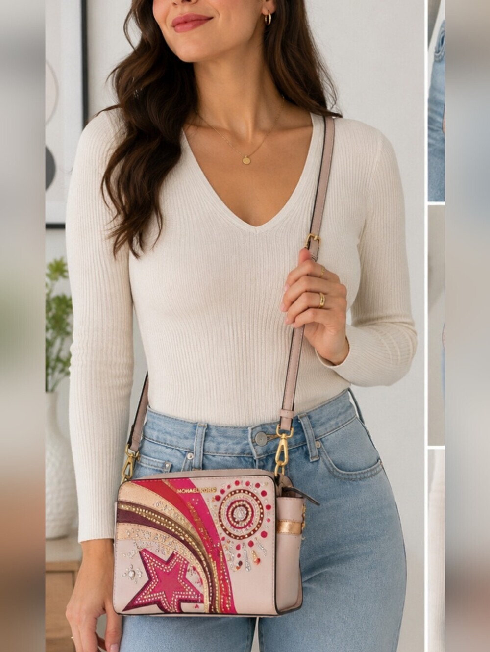 Michael Kors Selma Studded Firework Messenger Crossbody Bag Pink Multi - Picture 14 of 14